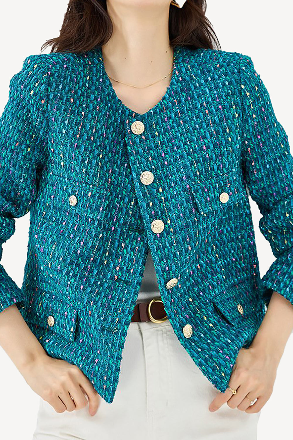 Chaqueta de mujer abierta de tweed azul oscuro