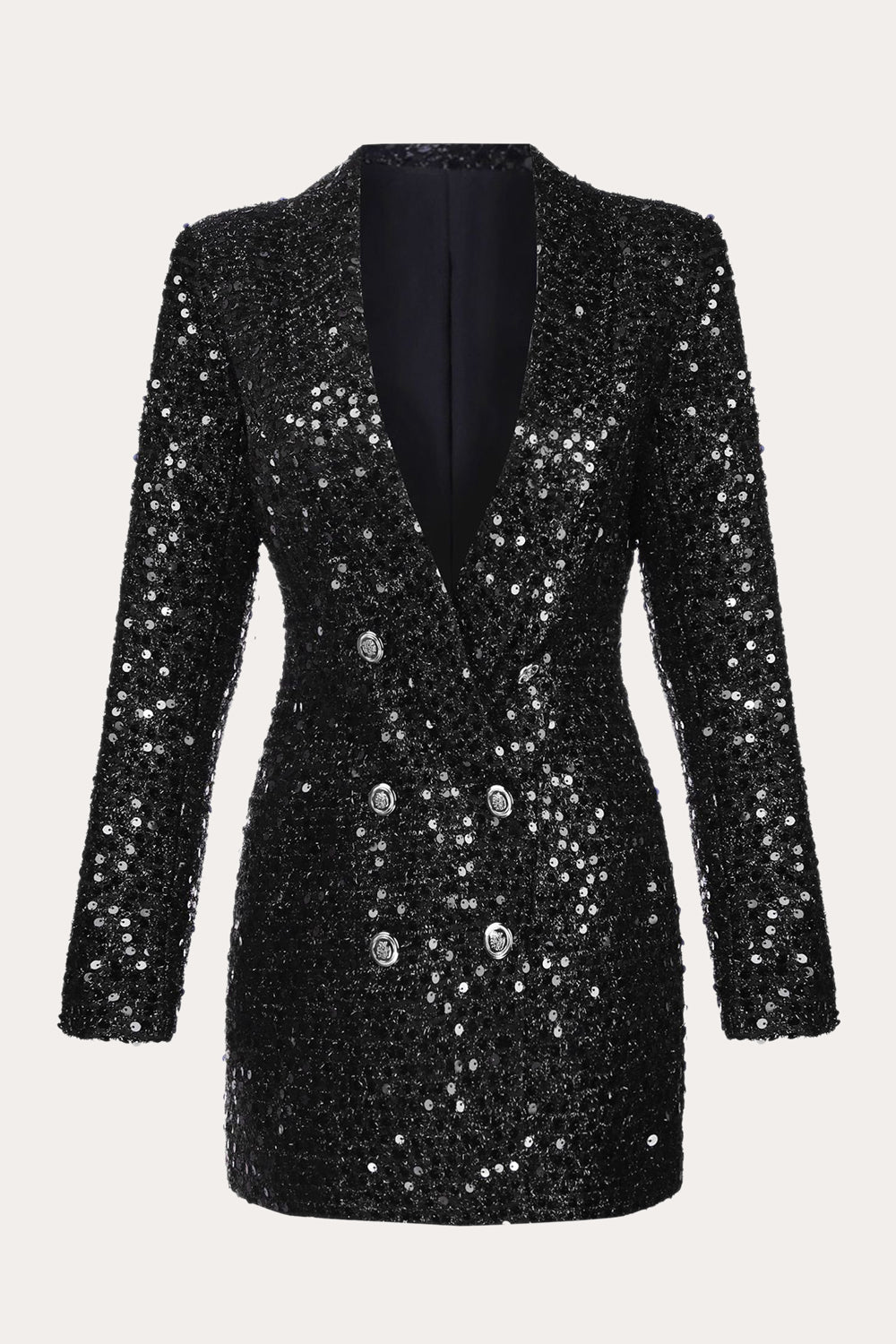 Blazer de lentejuelas negras brillantes para mujer de doble pecho