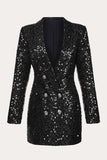Blazer de lentejuelas negras brillantes para mujer de doble pecho