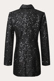 Blazer de lentejuelas negras brillantes para mujer de doble pecho