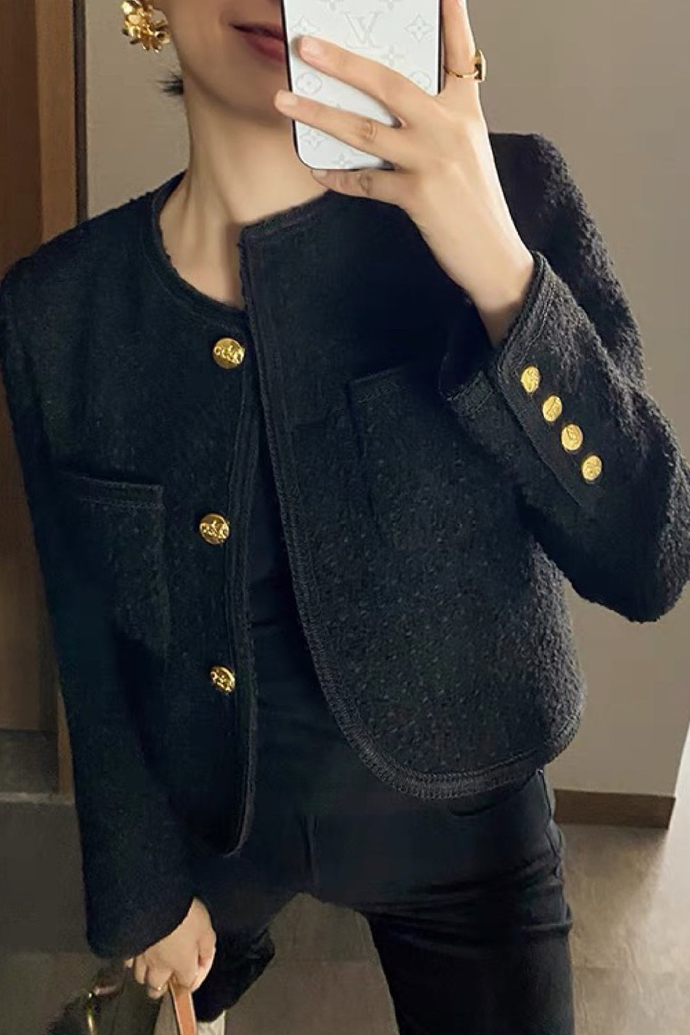 Chal de tweed negro Solapa corta de mujer Abrigo de mujer
