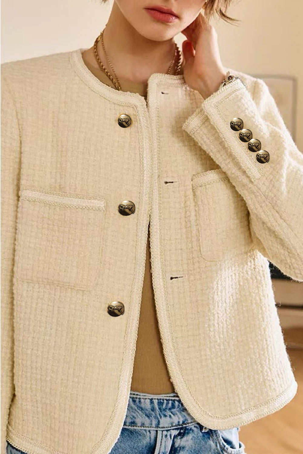 Chal de tweed negro Solapa corta de mujer Abrigo de mujer
