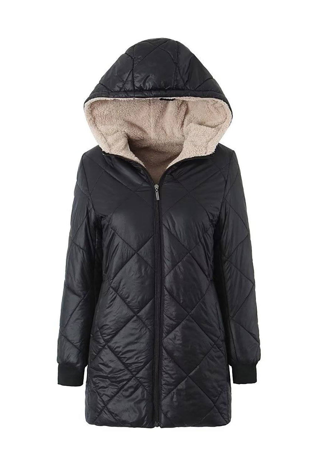 Chaqueta acolchada de piel sintética ajustada de vellón negro para mujer