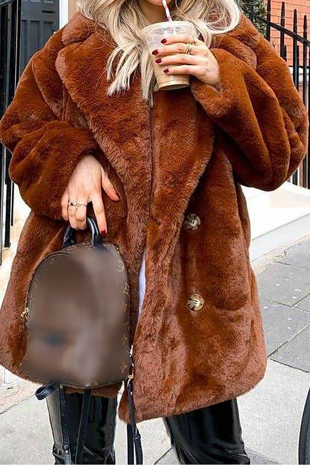 Abrigo Midi Midi de piel sintética con cuello solapa naranja con cuello abierto en la parte delantera