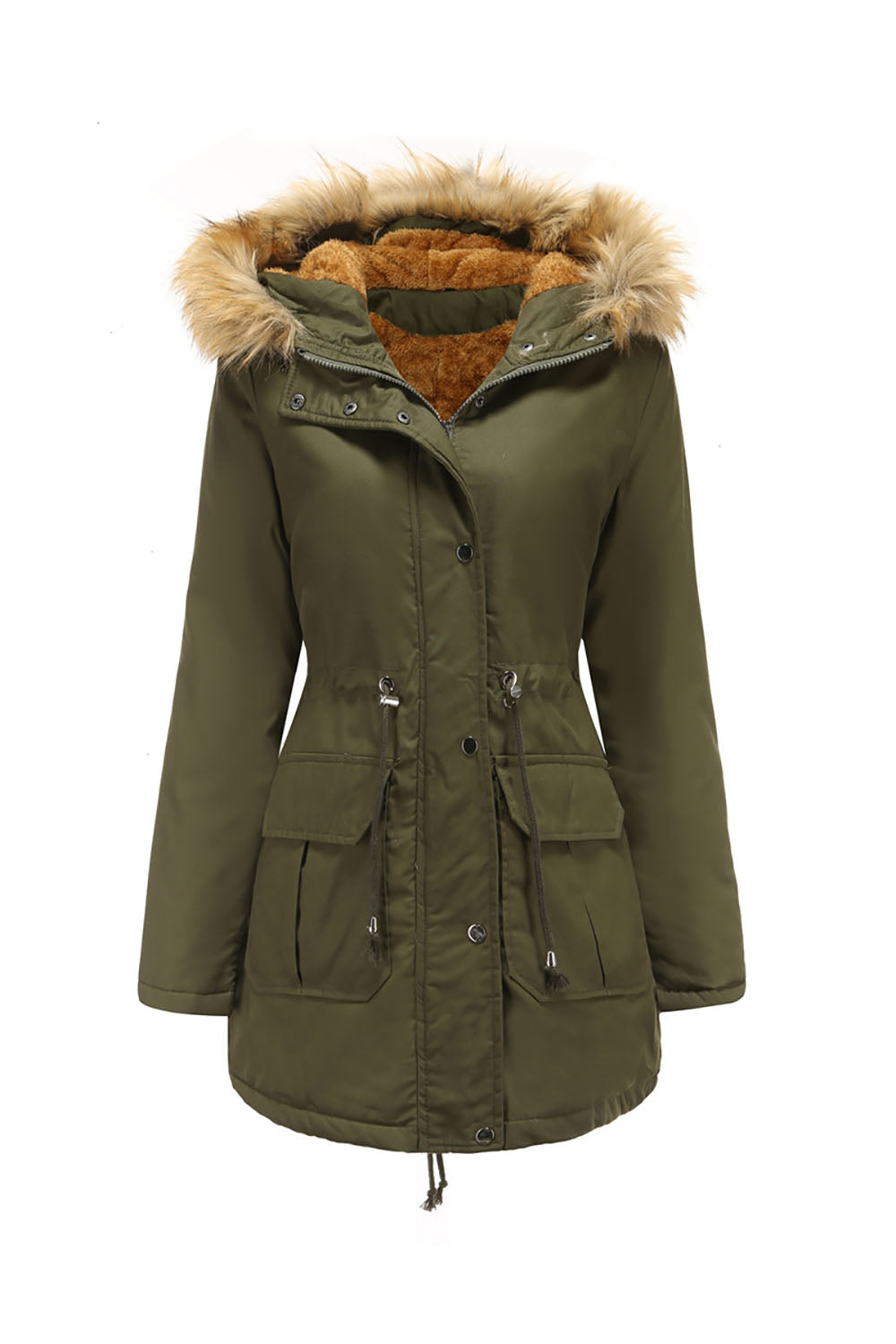 Cuello de piel verde militar Cintura con cordón Abrigo medio engrosado