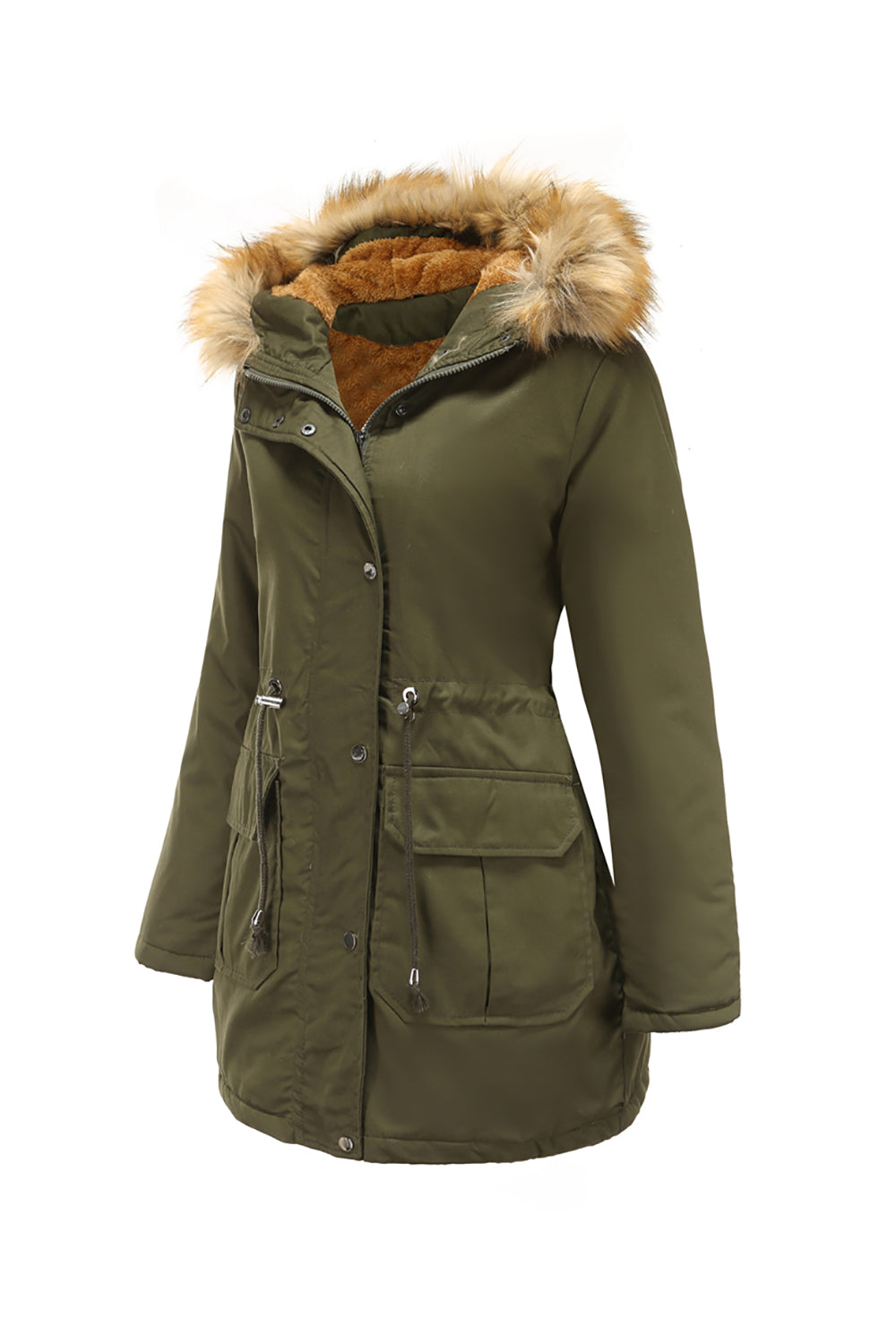 Cuello de piel verde militar Cintura con cordón Abrigo medio engrosado