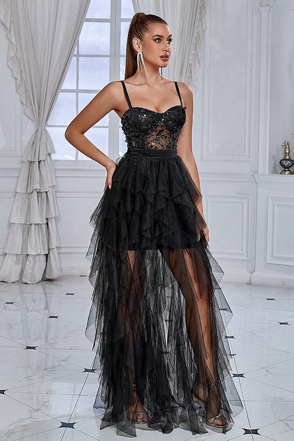 Corsé negro con purpurina Vestido formal largo con tirantes de espagueti con volantes