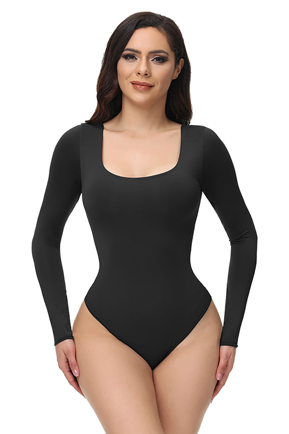 Mangas Largas Negro Scoop Cuello Control de Barriga Shapewear