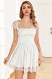 Vestido de Cóctel Blanco Cuello Cuadrado Encaje