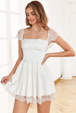 Vestido de Cóctel Blanco Cuello Cuadrado Encaje