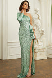Vestido de Lentejuelas Verde Un Hombro Volantes