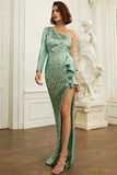Vestido de Lentejuelas Verde Un Hombro Volantes