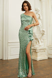 Vestido de Lentejuelas Verde Un Hombro Volantes