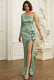 Vestido de Lentejuelas Verde Un Hombro Volantes