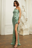 Vestido de Lentejuelas Verde Un Hombro Volantes