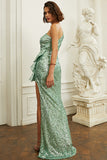 Vestido de Lentejuelas Verde Un Hombro Volantes