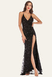Vestido negro de lentejuelas con flecos y escote en V con escote en V y espalda descubierta con abertura