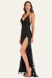 Vestido negro de lentejuelas con flecos y escote en V con escote en V y espalda descubierta con abertura