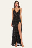 Vestido negro de lentejuelas con flecos y escote en V con escote en V y espalda descubierta con abertura