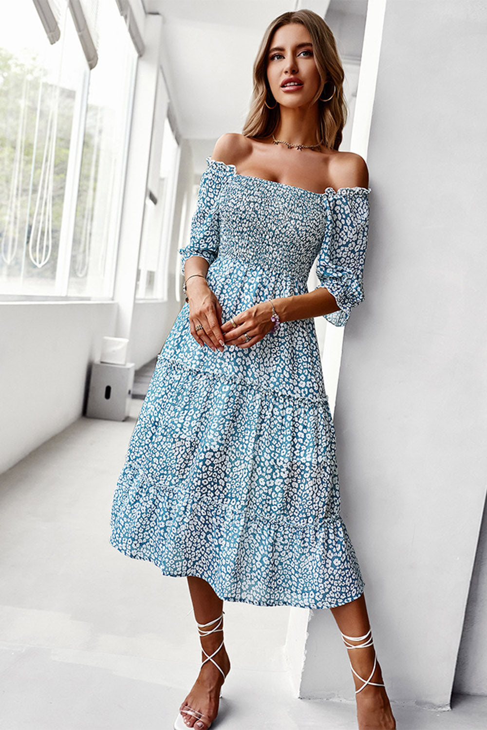 Vestido de Verano Azul Cuello Cuadrado