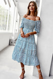 Vestido de Verano Azul Cuello Cuadrado