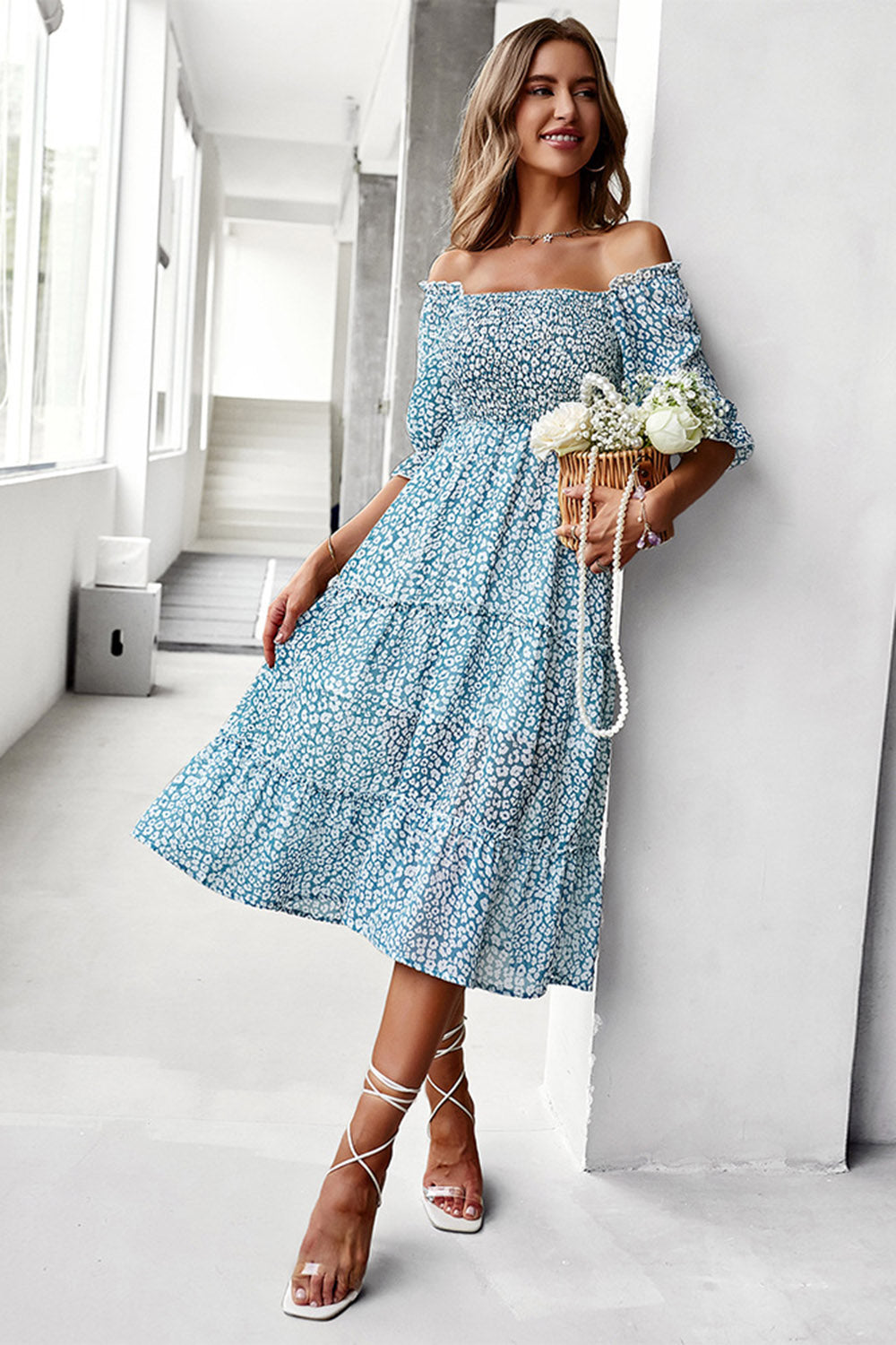 Vestido de Verano Azul Cuello Cuadrado