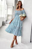 Vestido de Verano Azul Cuello Cuadrado