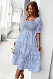 Vestido de Verano Azul Cuello Cuadrado