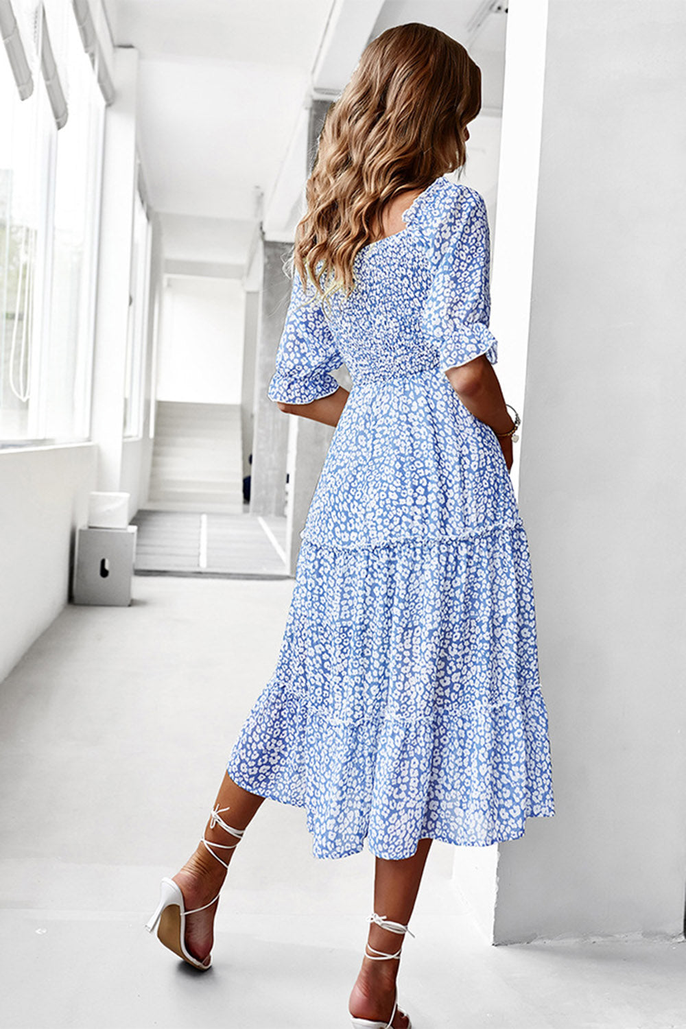 Vestido de Verano Azul Cuello Cuadrado