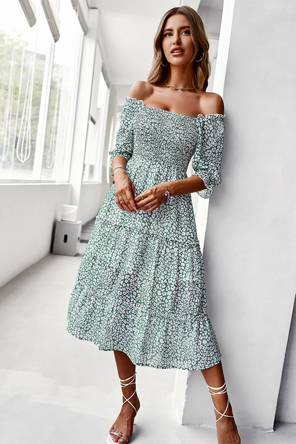 Vestido de Verano Azul Cuello Cuadrado