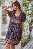 Cuello en V Estampado Azul Vestido de Verano