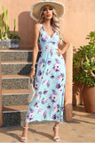 Vestido de Verano Azul Floral Cuello en V Boho