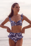 3 Piezas Bikini Estampado Azul Falda de Playa