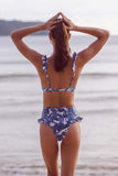 3 Piezas Bikini Estampado Azul Falda de Playa