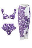 3 Piezas Bikini Estampado Azul Falda de Playa