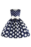 Vestido de Niña Con Moño Lunares Azul Oscuro
