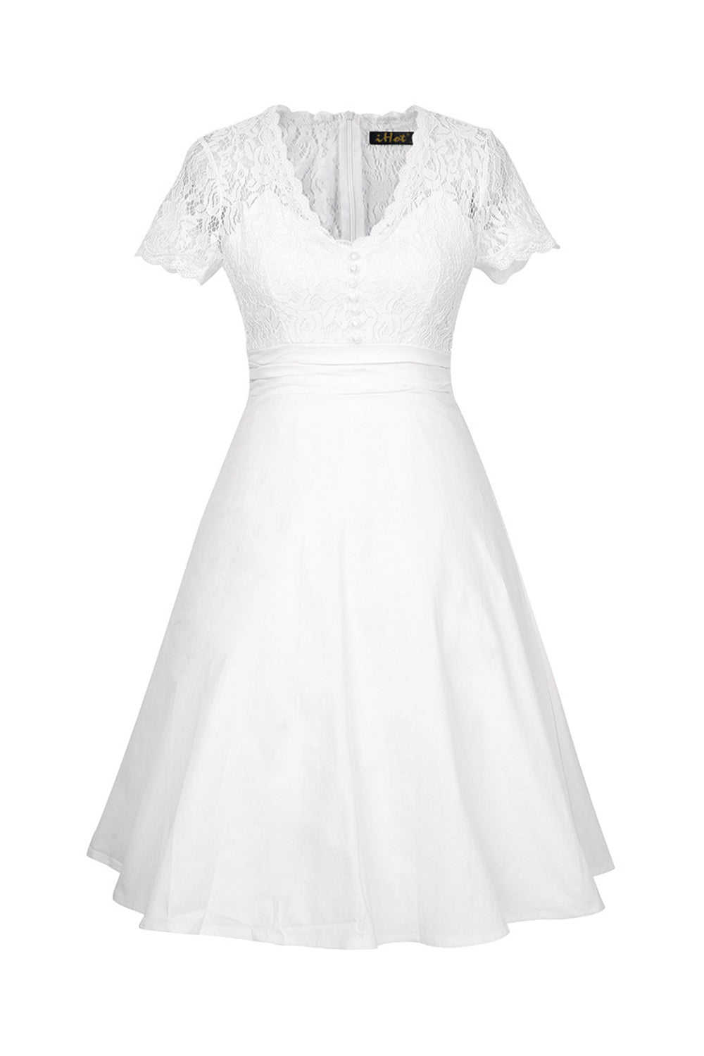 1950s Vestido Con Encaje Blanco Sólido Cuello en V
