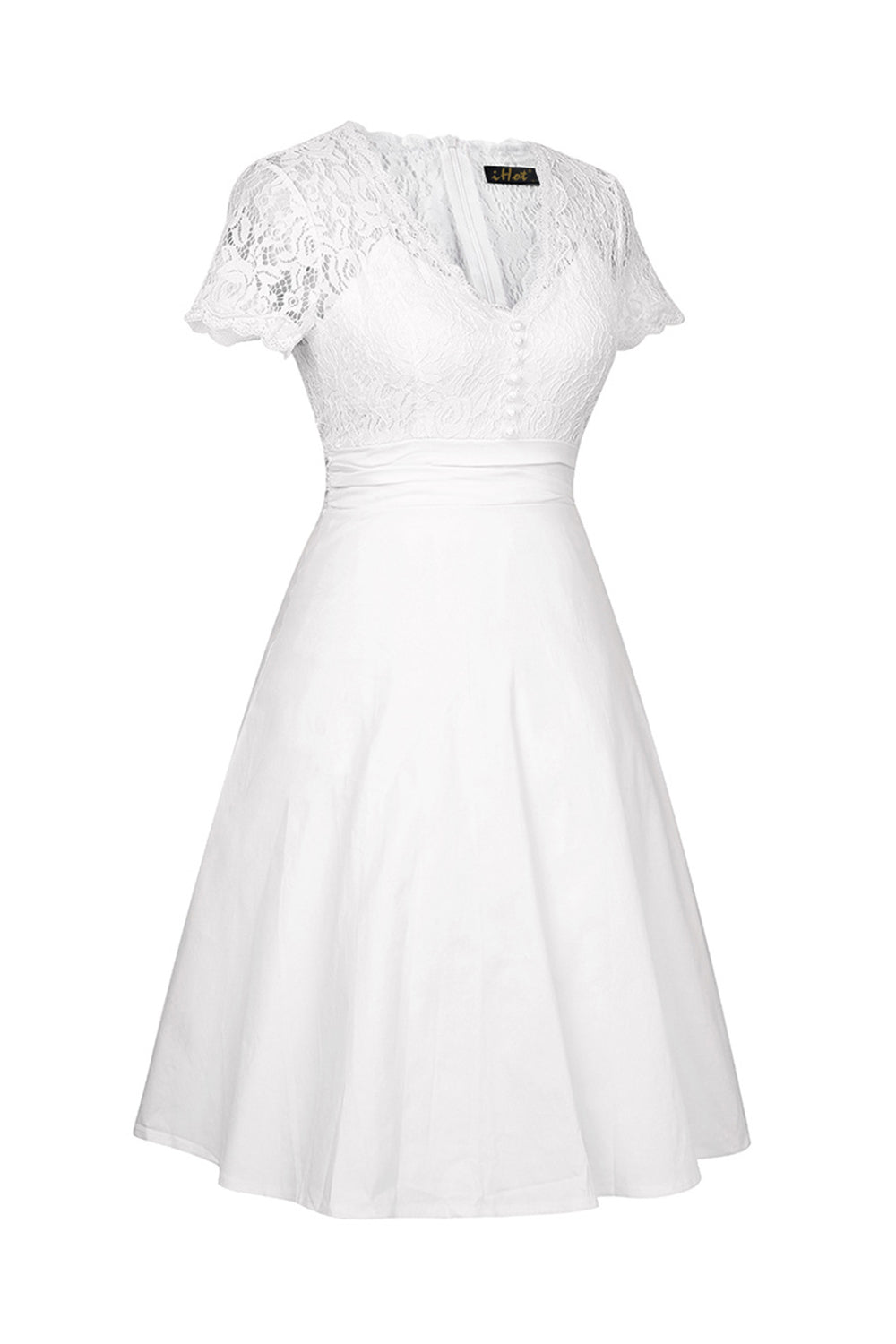 1950s Vestido Con Encaje Blanco Sólido Cuello en V
