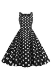 1950s Vestido Vintage Negro Lunares Sin Mangas