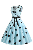1950s Vestido Vintage Azul Claro Lunares