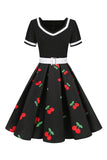 Vestido Vintage Estampado Negro Cuello en V Mangas Cortas