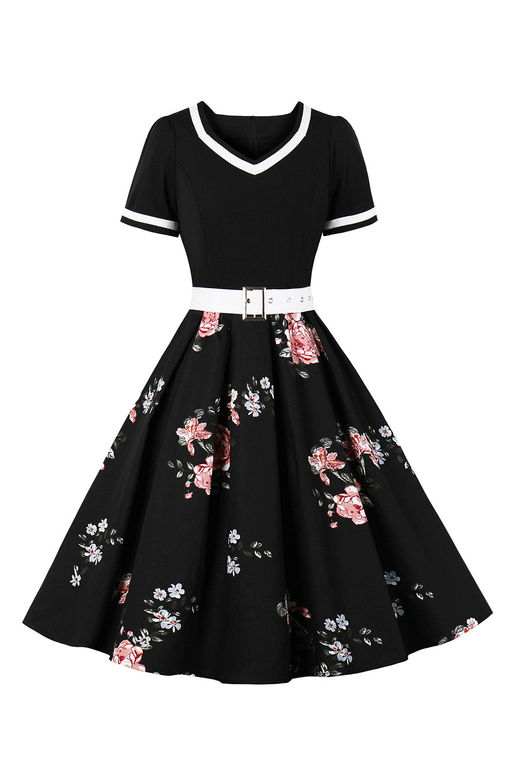 Cuello en V Mangas Cortas 1950s Vestido Negro Con Cinturón