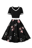 Cuello en V Mangas Cortas 1950s Vestido Negro Con Cinturón
