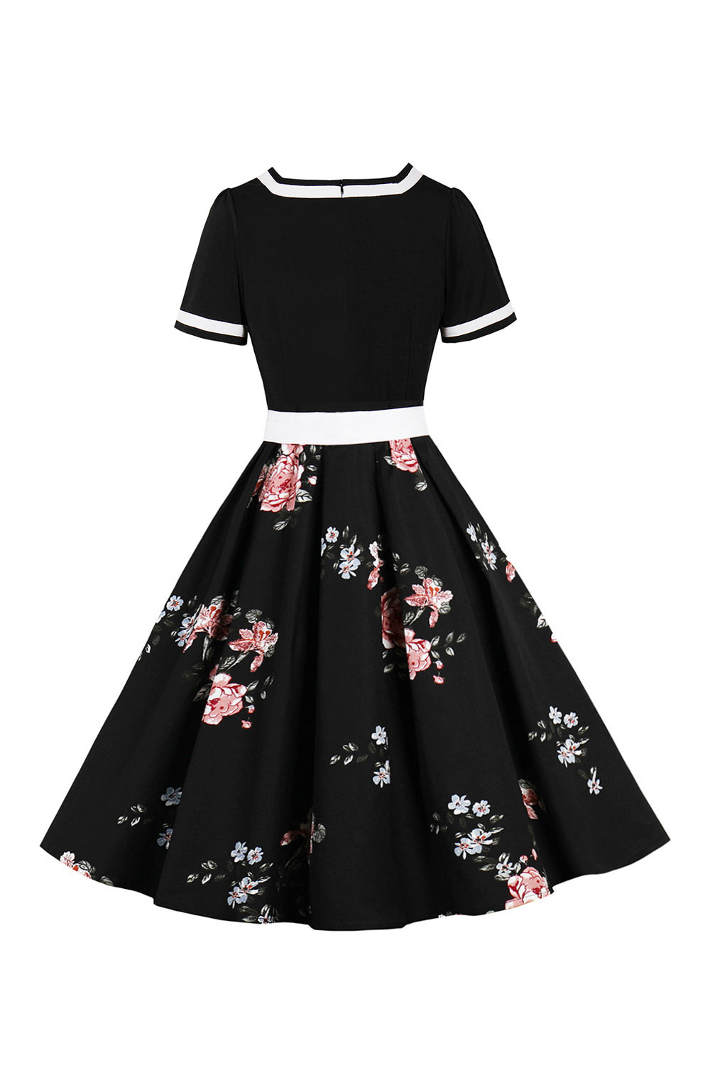 Cuello en V Mangas Cortas 1950s Vestido Negro Con Cinturón