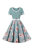Cuello en V Mangas Cortas 1950s Vestido Negro Con Cinturón