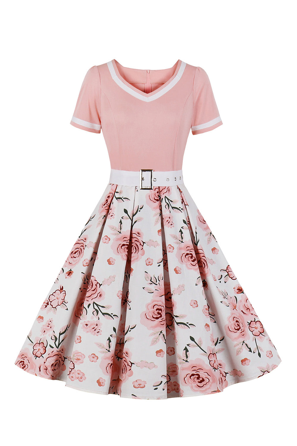 Cuello en V Mangas Cortas 1950s Vestido Negro Con Cinturón