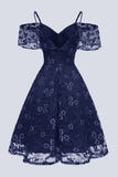 A Línea Fuera del Hombro Vestido Vintage de Encaje Rosa