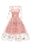 1950s Vestido Rosa Cuello Cuadrado A Línea Medias Mangas