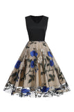 1950s Vestido Azul Con Bordado