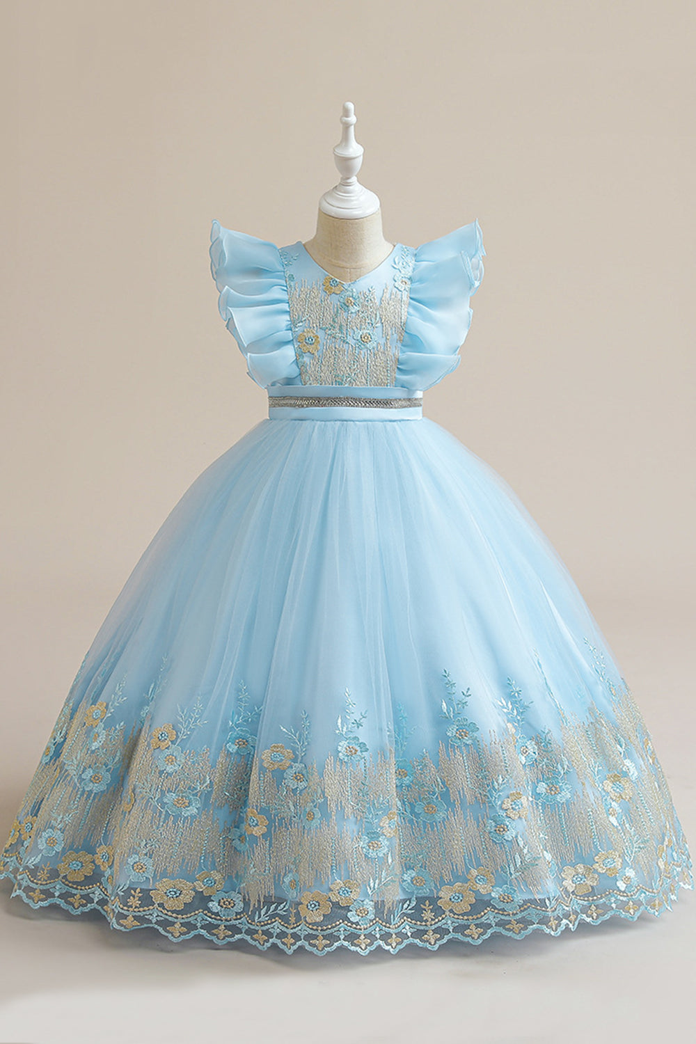 Blue A Line Tulle Girl Dress con bordado